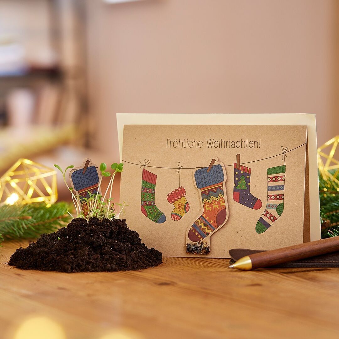 Saatsteckerkarte - Socken - Fröhliche Weihnachten