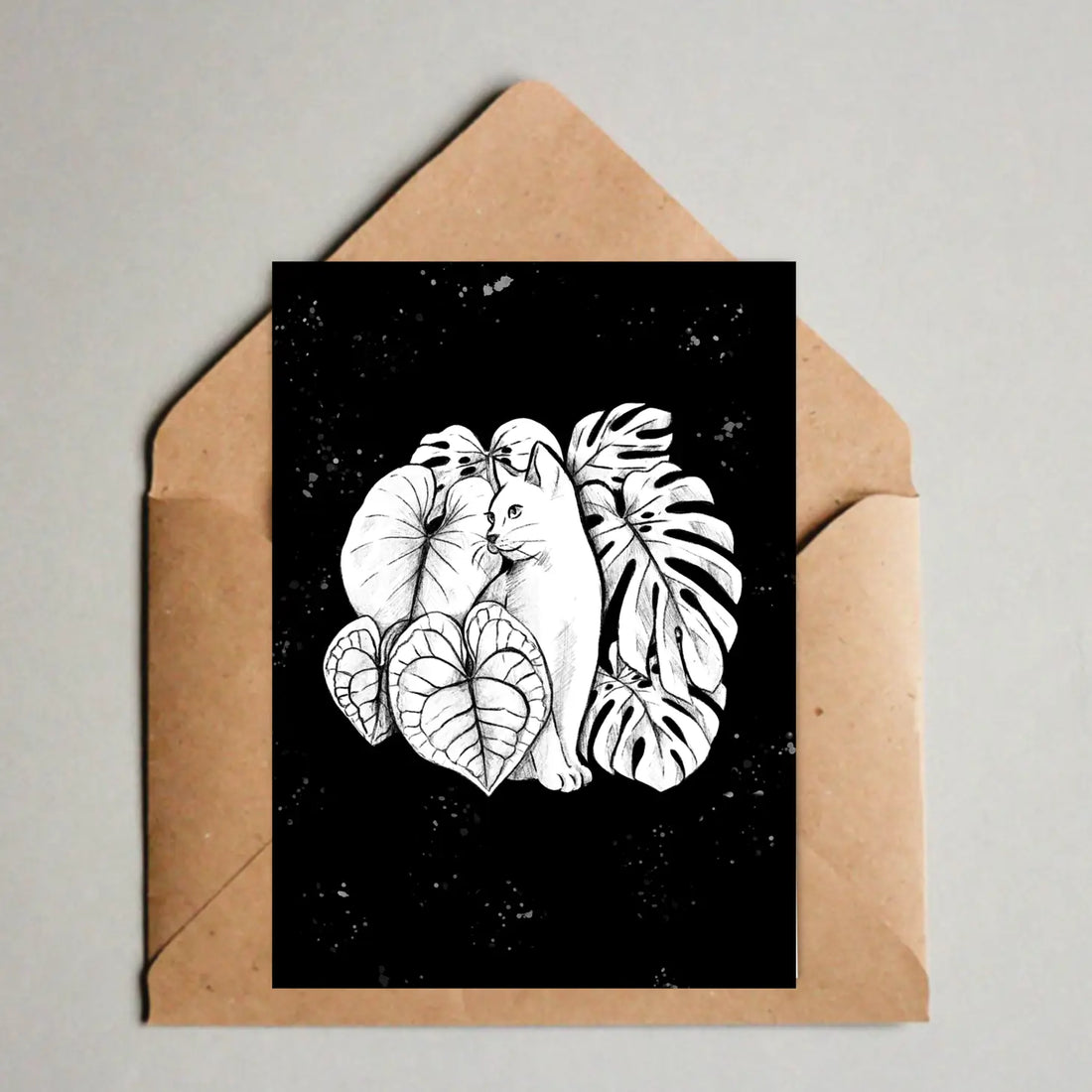 Postkarte  - Katze schwarz, Pflanze, Illustration, Monstera